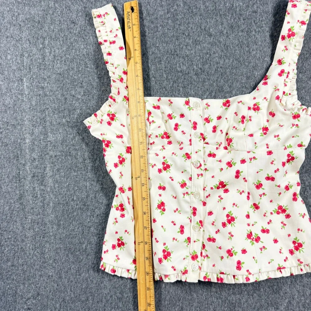 Zara Women Ivory Red Floral Button Front Ruffle Trim Square Neck Top Medium - Picture 5 of 10